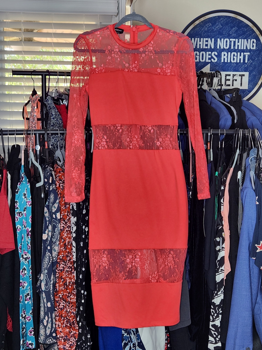bebe Red Lace-Inset Long Sleeve Bodycon Dress